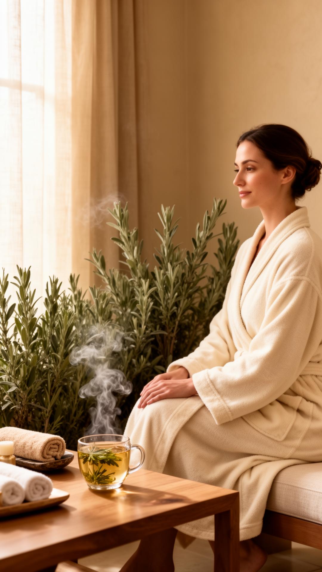 A guest in a cream robe enjoying herbal tea at Aura Veda