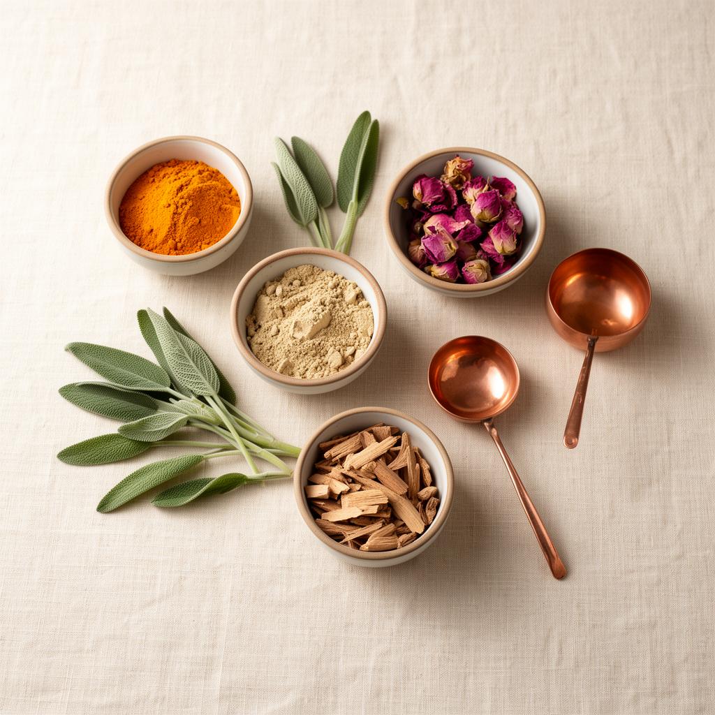 Ayurvedic ingredients — turmeric, sandalwood, rose petals and sage
