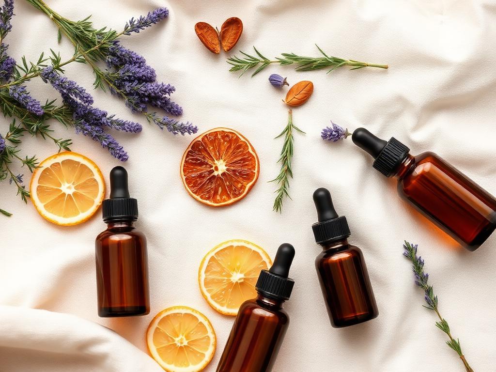 Amber essential oil bottles with lavender, rosemary and citrus slices