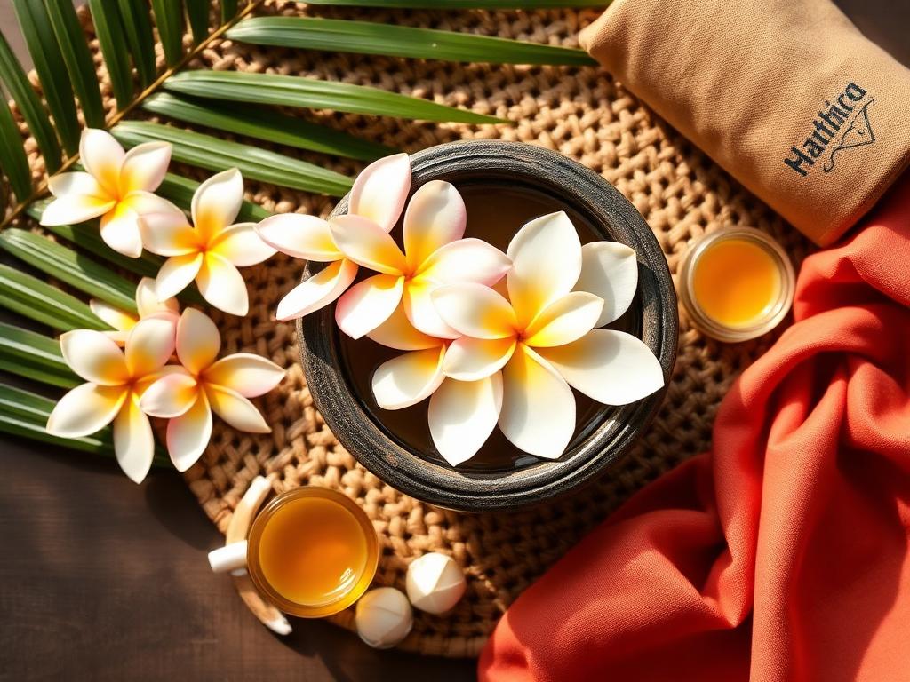 Balinese spa setting with frangipani in stone bowl and woven palm mat