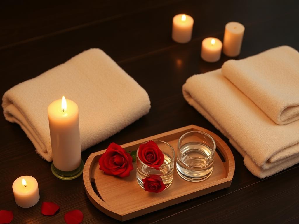 Romantic couples spa setting with candles, roses and twin towels