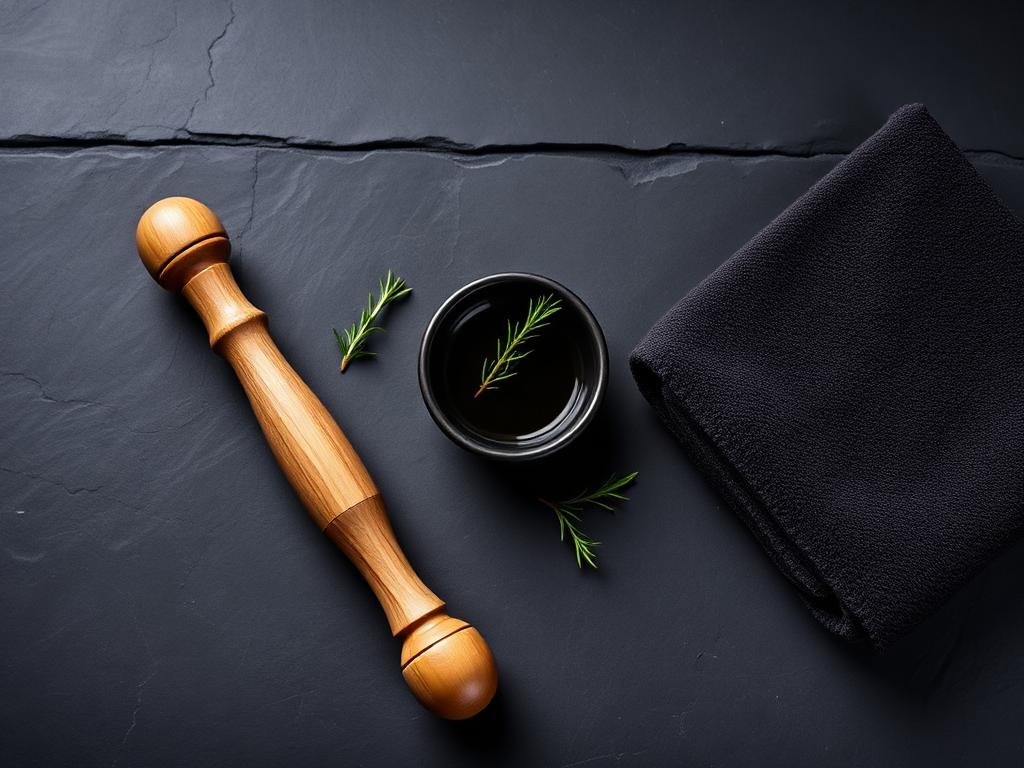 Wooden massage roller and herbal oil on dark slate stone