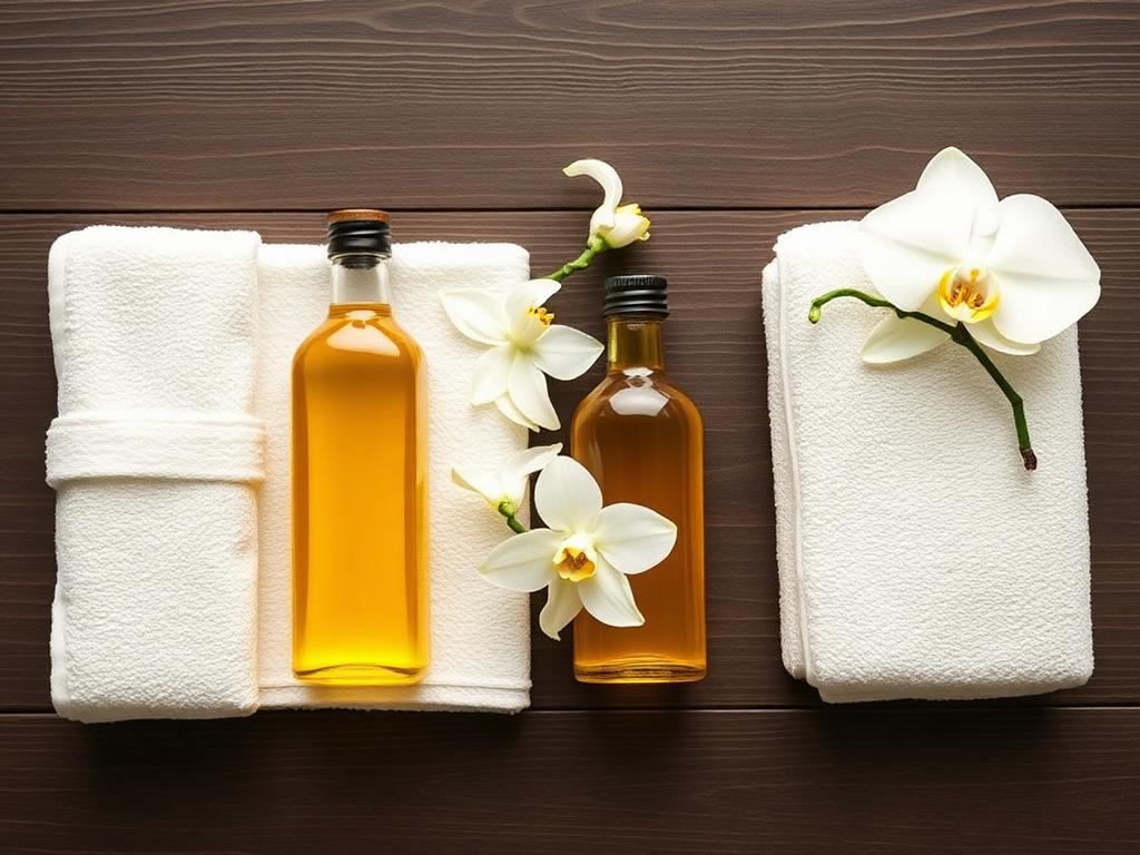Two matching oil bottles, towels and orchids representing four-hand massage