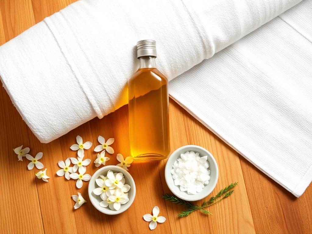 Large white towel, golden massage oil and jasmine for full body massage