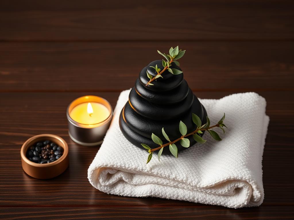 Stack of smooth black basalt stones with candle and eucalyptus on dark wood