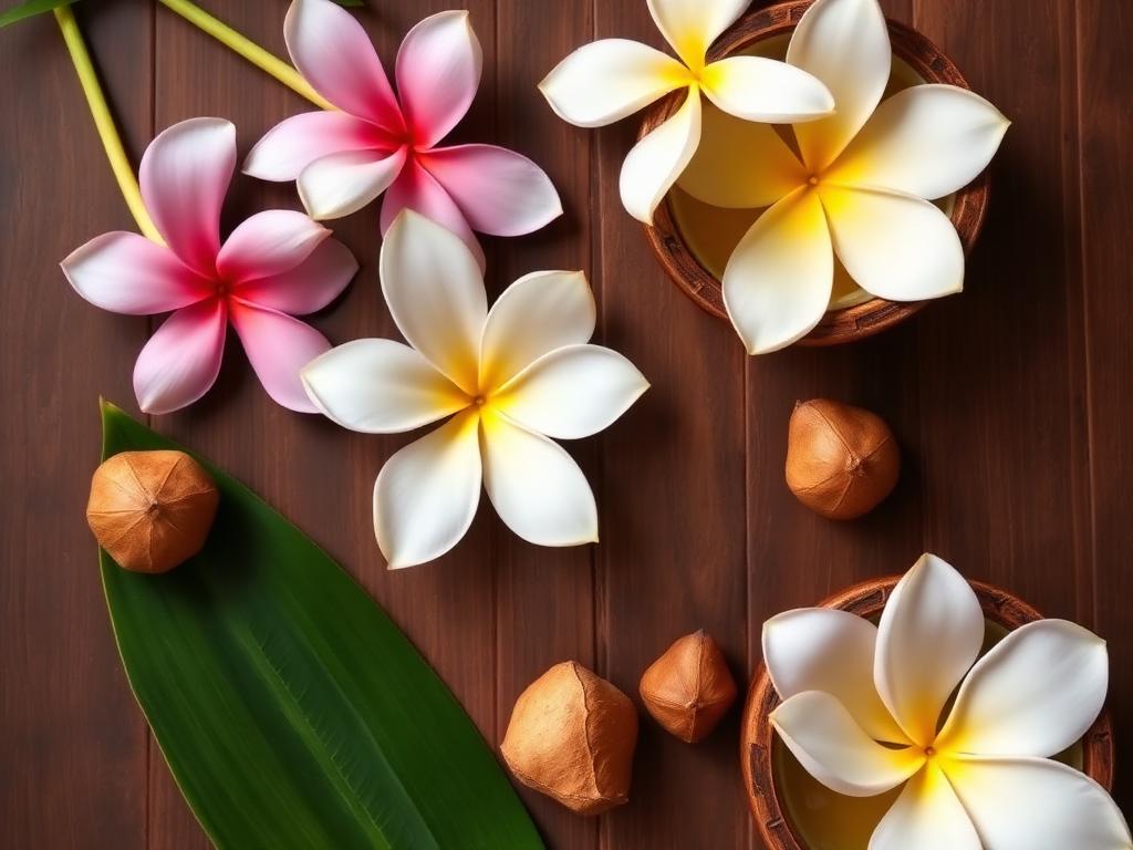 Hawaiian spa flat lay with plumeria flowers, kukui nuts and coconut oil