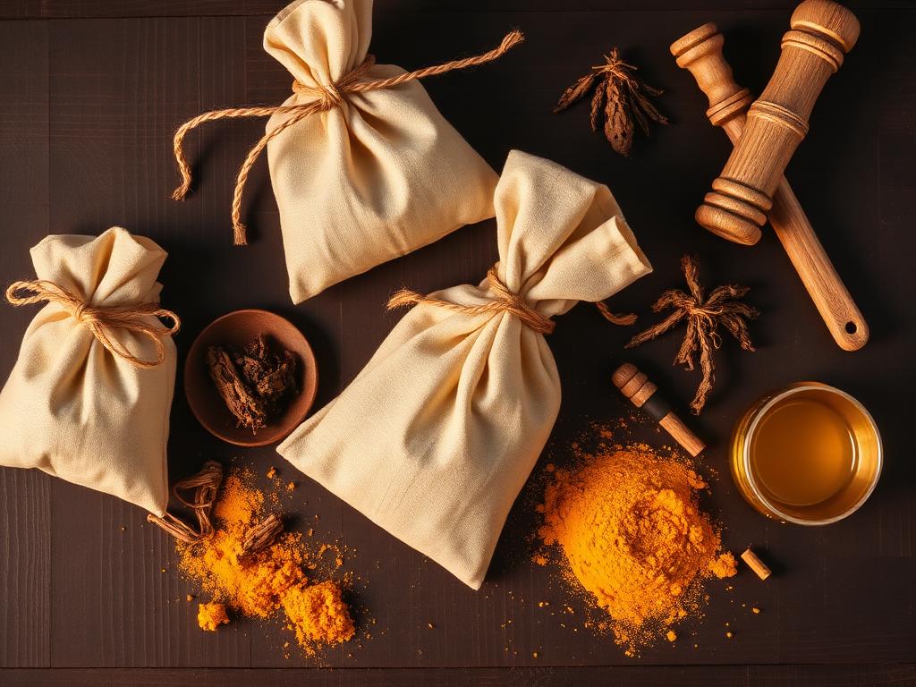 Warm Ayurvedic herbal potli pouches with turmeric and oil