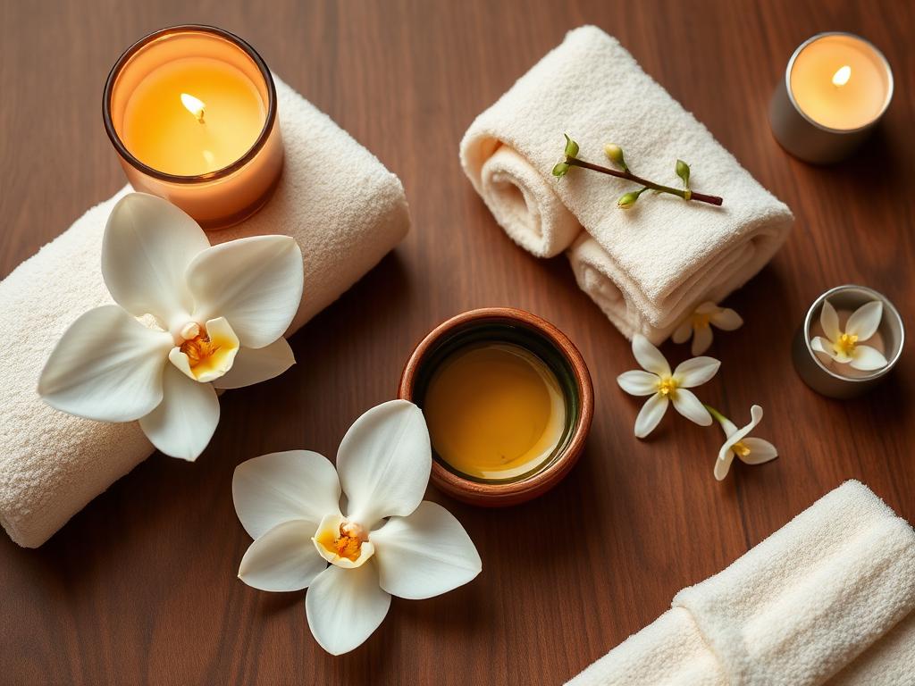 Spa flat lay with orchid, candle and warm massage oil