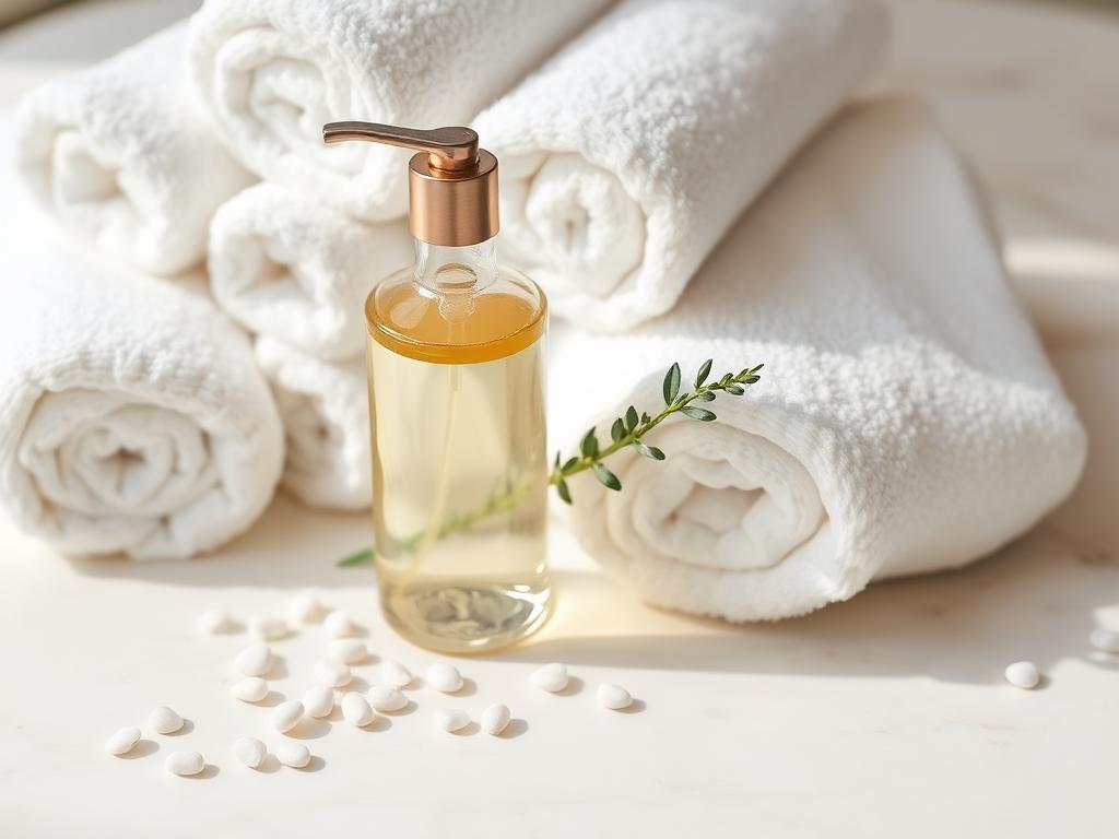 Rolled white towels and a bottle of Swedish massage oil on marble