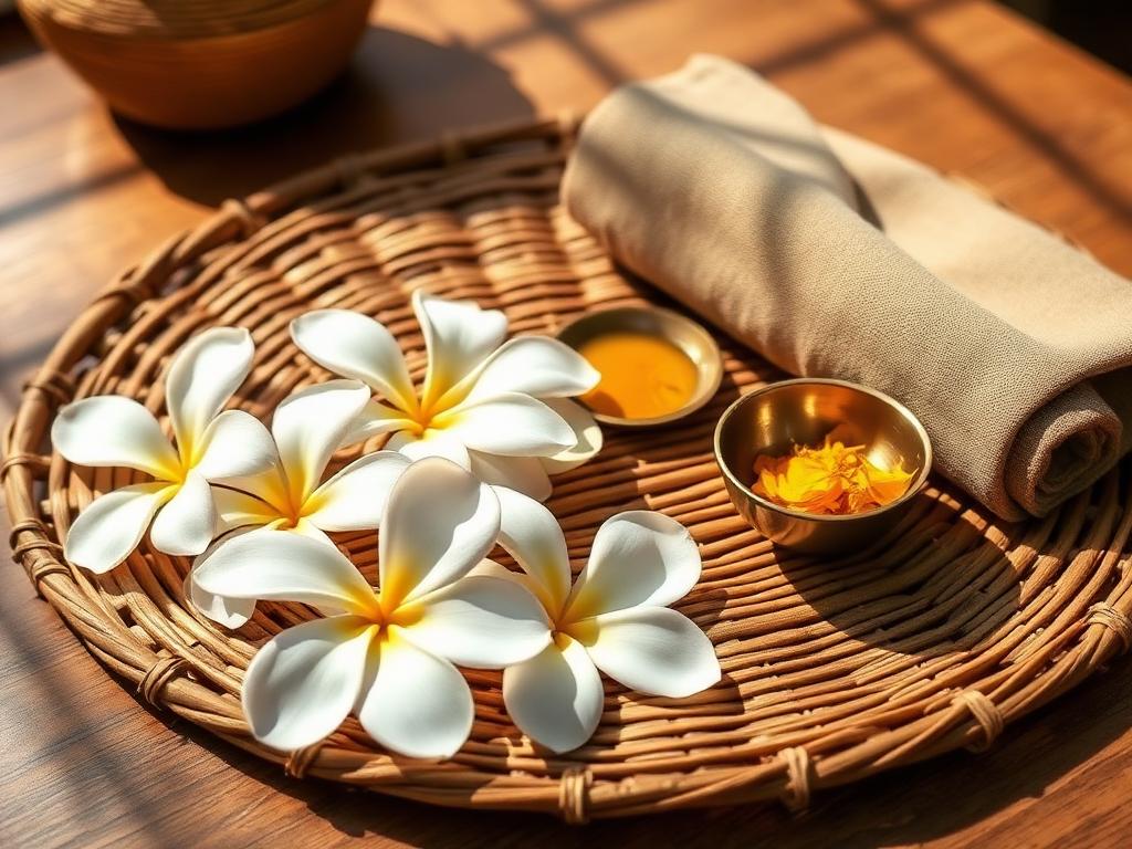 Thai spa setting with frangipani flowers, brass bowls and saffron cloth