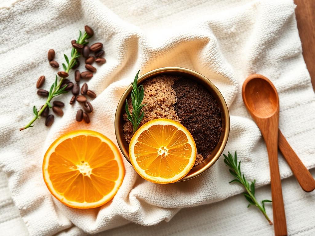 Natural body scrub bowl with brown sugar, coffee and orange on cream towel