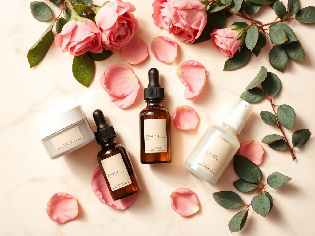 Botanical skincare flat lay with serums, cream and rose petals