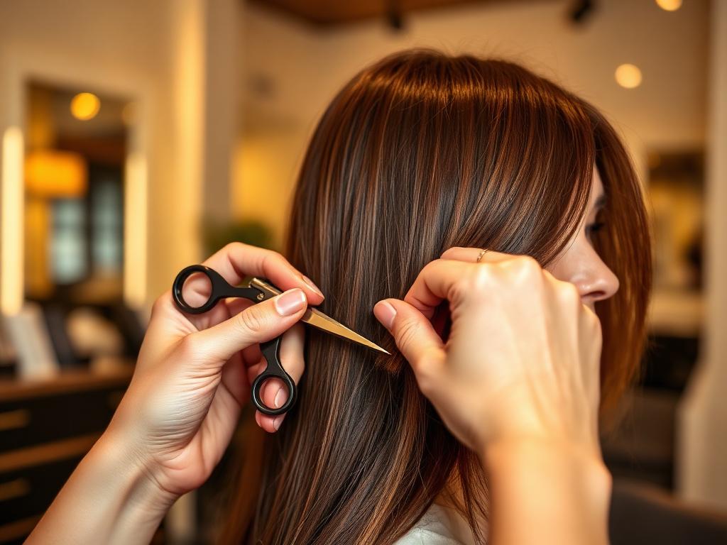 Stylist trimming glossy brown hair with scissors at a luxury salon