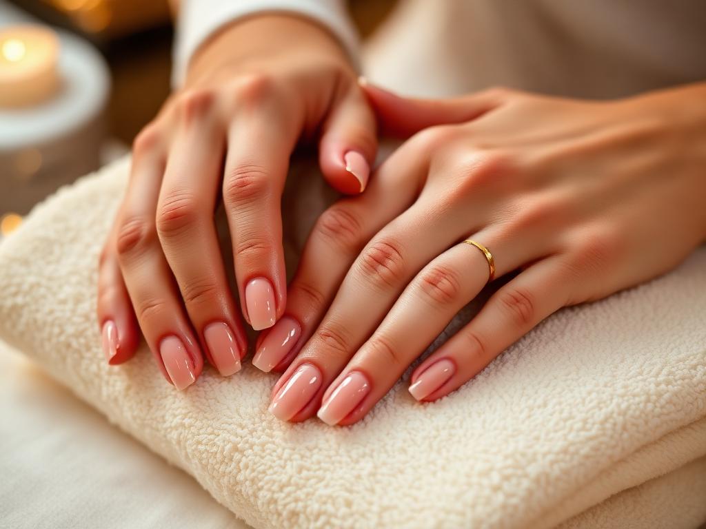 Manicured hands with nude pink polish resting on a cream towel