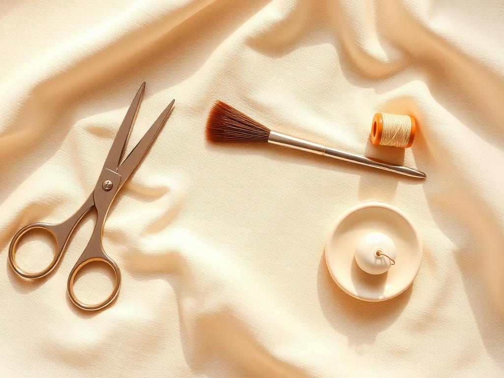 Brow grooming tools — scissors, brush and cotton thread on cream silk