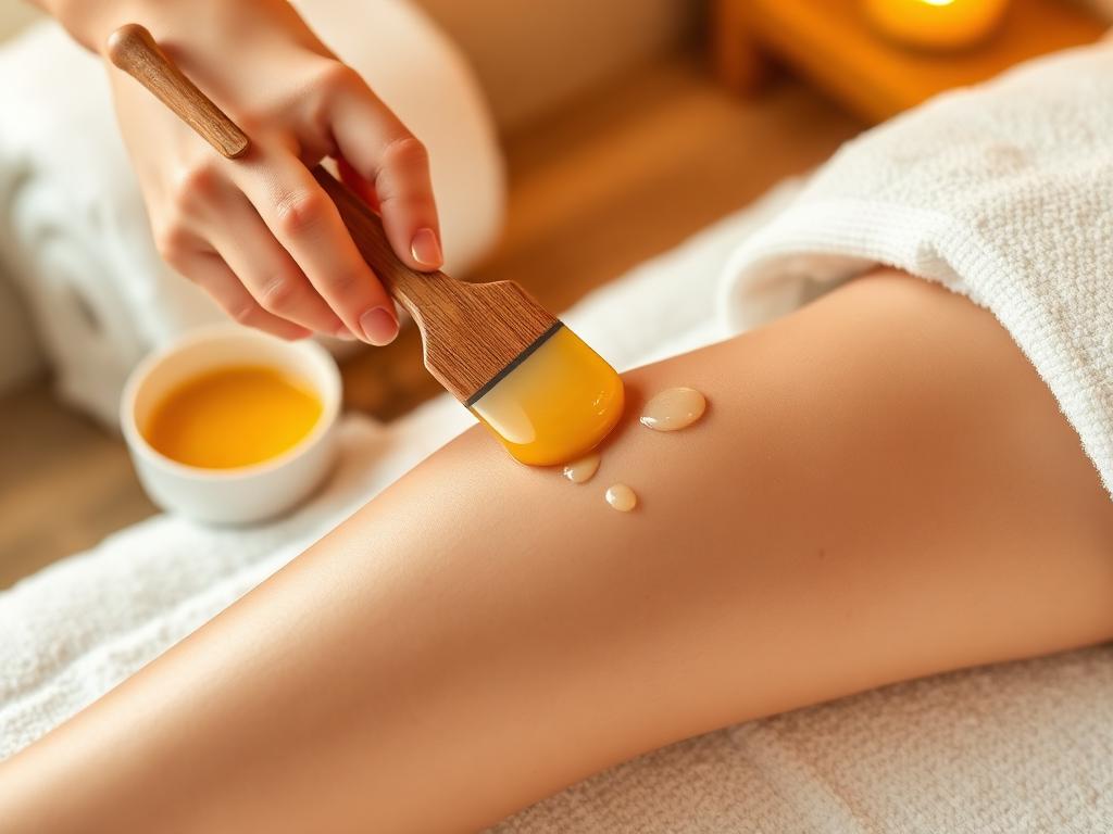 Warm honey wax being applied with a wooden spatula at the spa