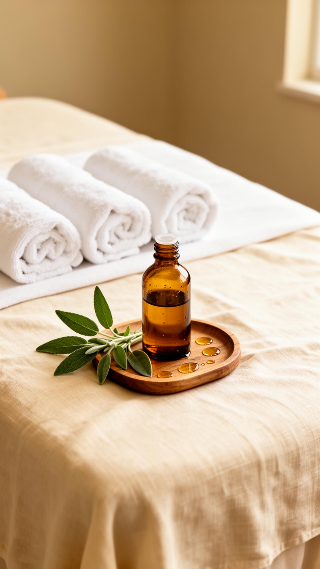 Aura Veda treatment table with sage, amber oil and warm towels